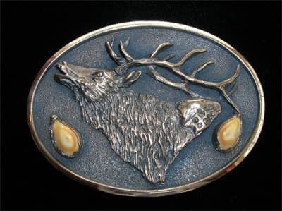 Wildlife belt buckles. Rocky Mountain Elk bronze with elk ivories